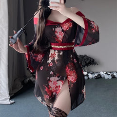 Flower Printing Kimono Traditional Pajamas Erotic Lingerie Bathrobe Nightgowns Perspective Sleepwear