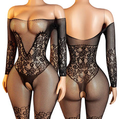 Big Bare Shoulders Crotchless Full Body Socks Desire Night Bold Exquisite Underwear Lingerie Long Sleeve Bodysuit