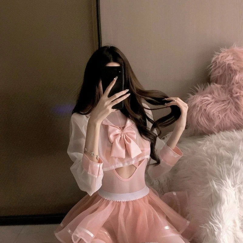 Thin Transparent Top Hollow Jumpsuit Pleated Miniskirt Set