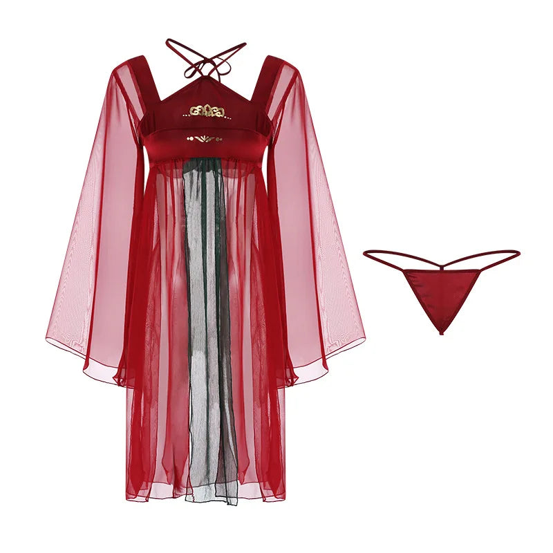 Antique Split Perspective Hanfu Skirt Red Traditional Retro Long Sleeves Nightgown