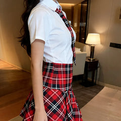 Preppy Red Plaid Pleated Skirt Fitted White Shirt Necktie Badge Student Cosplay Costume