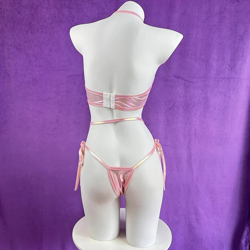 Bunny Cosplay Costume Idol Group Machine Rabbit Outfits Pink Exposed Breast Laser Lingerie Gift