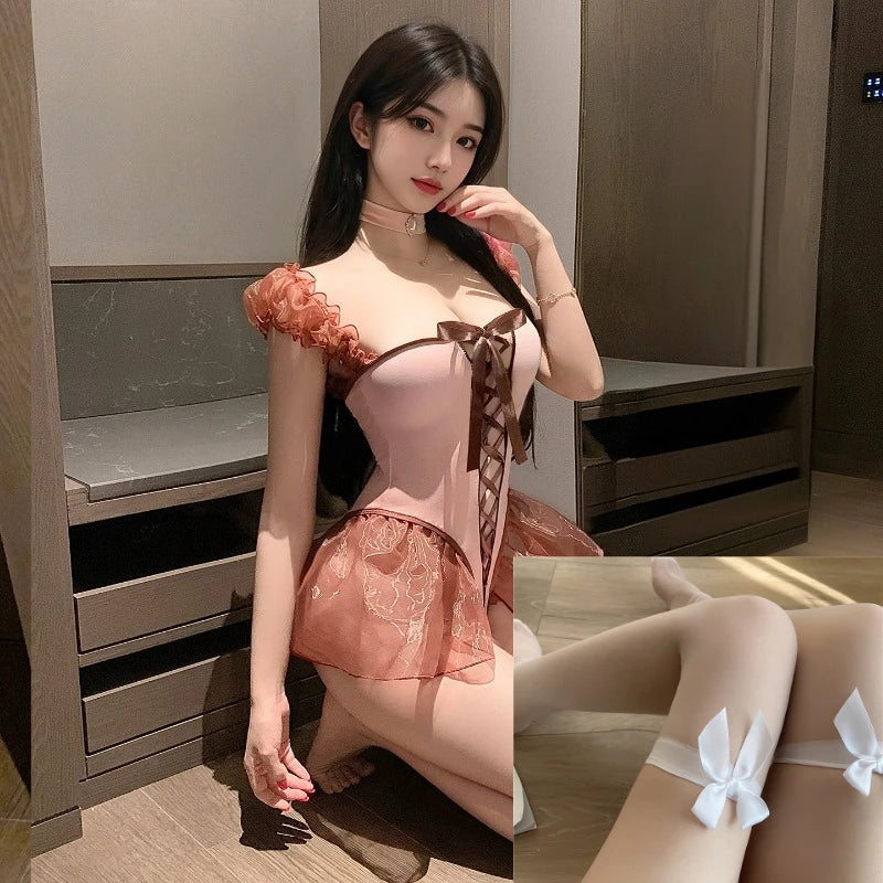 Erotic Cosplay Open Crotch Bodysuit Perspective Lingerie Onesie Teddy Roleplay Lolita Maid Temptation Jumpsuit