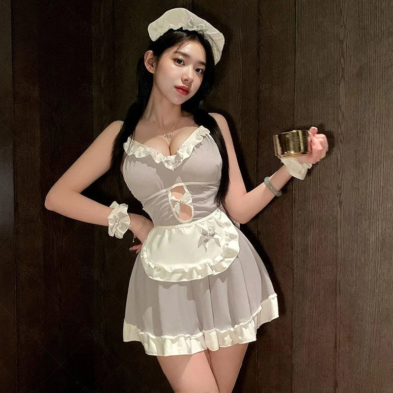 Maids Roleplay Costumes Cute Bowknot Backless Sling Lolita Servant Outfit Sweet Cosplay Adult Home Pajamas
