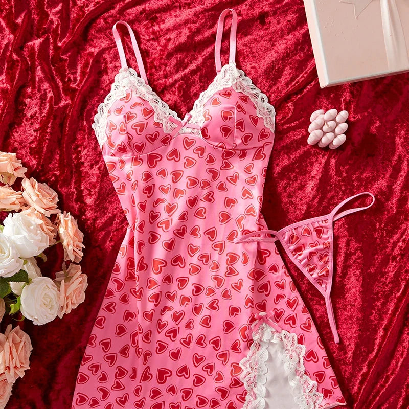 Suspender Sleeping Printed Patchwork Lace Slit NightSet Babydoll Erotic Underwear Festival Gift
