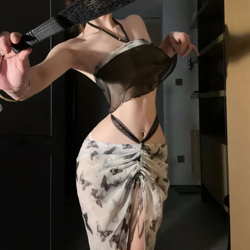 Black White Print Hanfu Ancient Style Erotic Underwear Transparent Skirt Adult Home Sleepwear