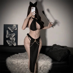 Cat Lingerie Cleopatra of Egypt Cosplay High Split Erotic Chain Clubwear Hollow Halter Nightgowns