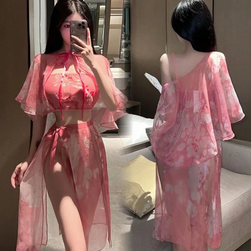 Ancient Hanfu Nightgown Role Play Porno See-Through Mesh Sleepwear Retro Traditional Bellyband Exotic Charm Costume
