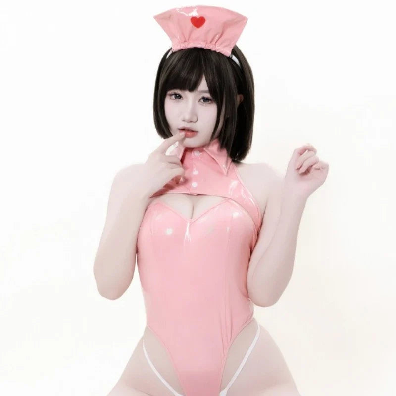Kawaii Nurse Roleplay Jumpsuit Patent Leather Backless Hollow Out Bodysuit Playful Cosplay Lingerie Pink
