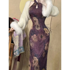 Style High Waist Improved Printed Traditional Slimming Cheongsam Skirt Purple