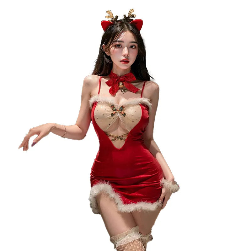 Skirt Christmas Red Costumes Bow Lingerie Sweet Nightgowns Soft Velvet Plush Elk Deer Cosplay Santa Claus Sling Dress