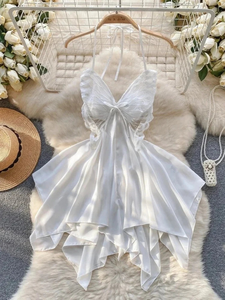 Halter Butterfly Lace Satin Nightgown Irregular Hem Homewear