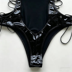 Black Patent Leather Bodysuits Adjustable Buckle Neckline Lace-up Side Waist Form Fitting