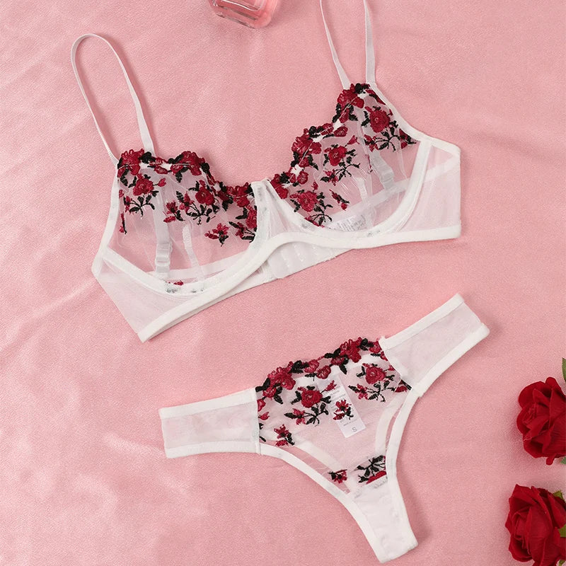 Embroidery Floral Ultra-thin Exquisite Transparent Underwear Bra Set