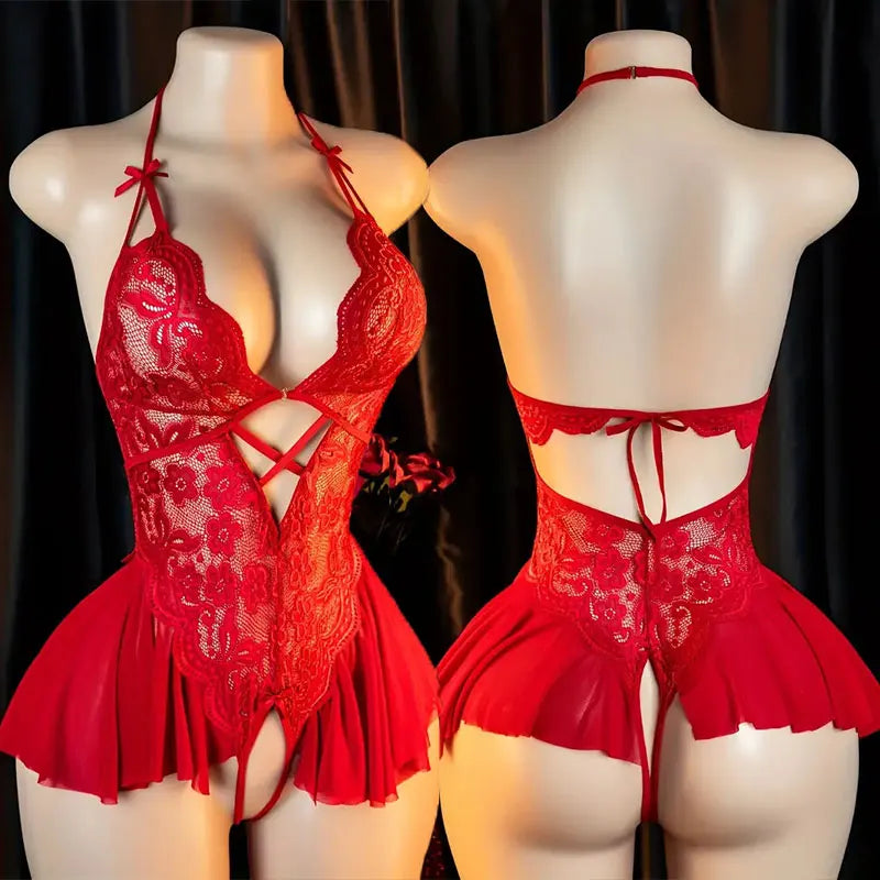 Purple Halter Crotchless Lingerie Front Buckle Bra Hot Drees Lace Up Backless Open Underwear Female Bodysuit