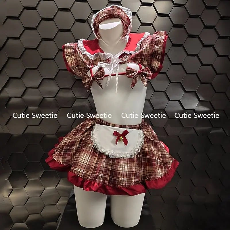 Lolita Maid Outfit Cosplay Costumes Lace Bow Bra Apron Set