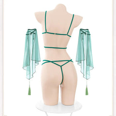 Ancient Western Regions Hanfu Lingerie Pure Desire Temptation Pajamas Green Perspective Bra Panties Elegant Gloves