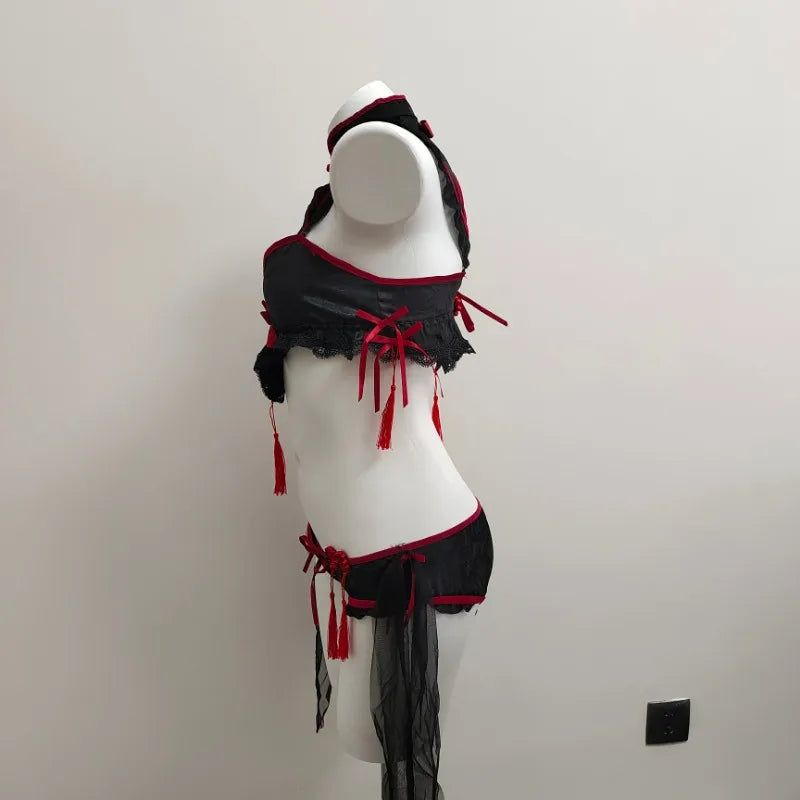 Gothic Vintage Cheongsam Lingerie Halloween Maid Cosplay Lolita Lace Embroidery Underwear Set