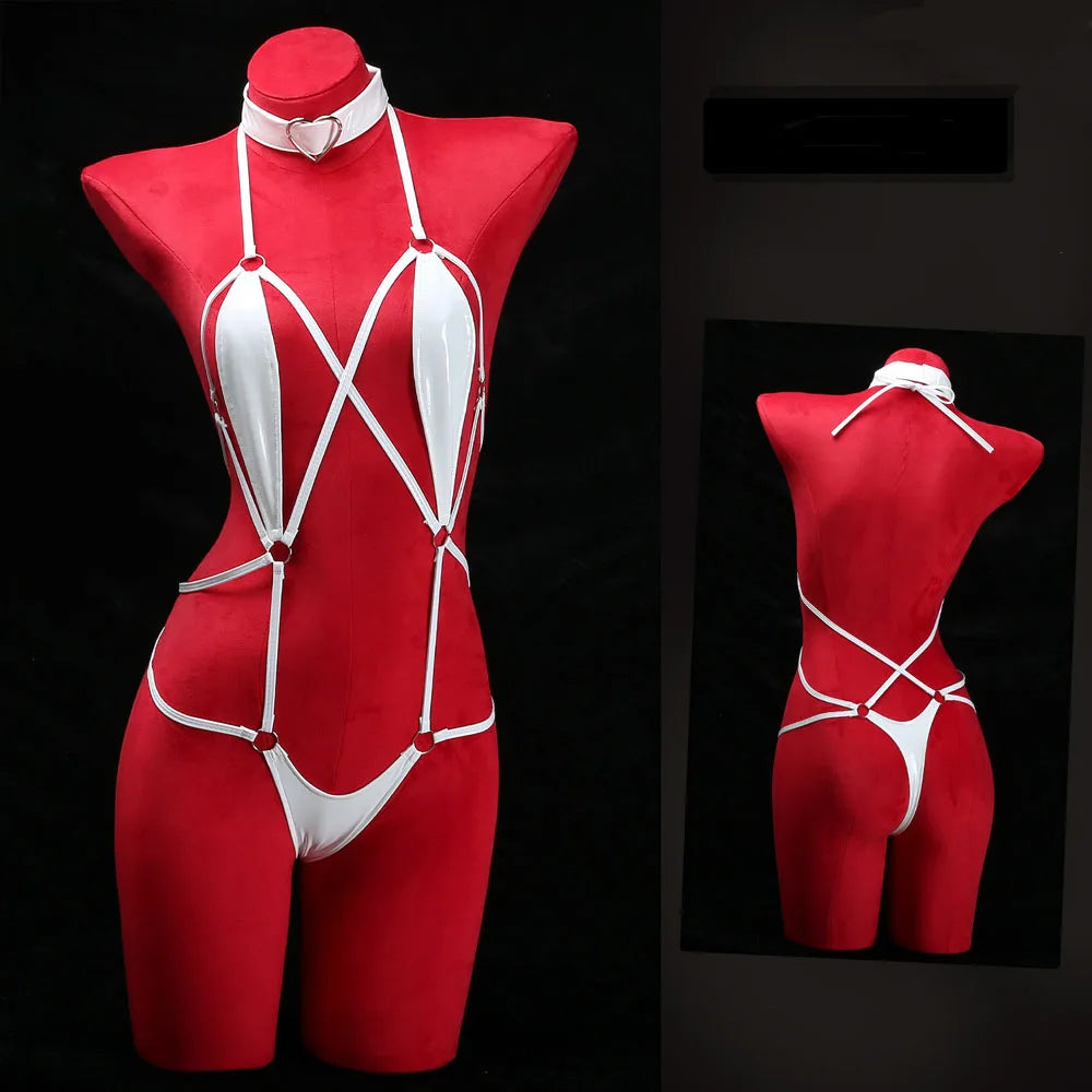 Patent Leather Harness Lingerie Heart Choker Open Back Crotch less Erotic Bodysuit Intimate Club wear
