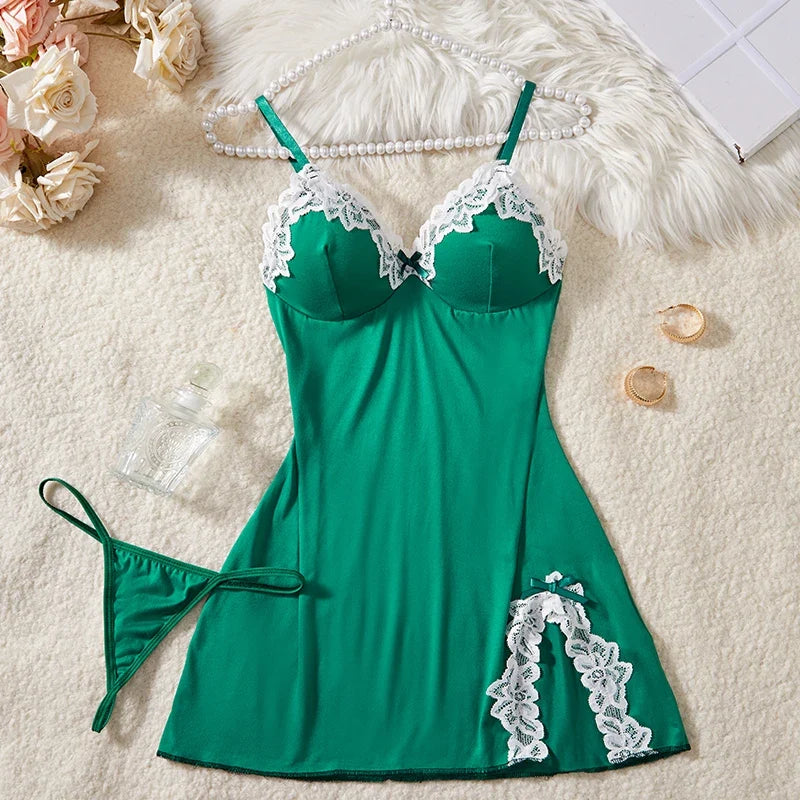 Suspender Sleeping Printed Patchwork Lace Slit NightSet Babydoll Erotic Underwear