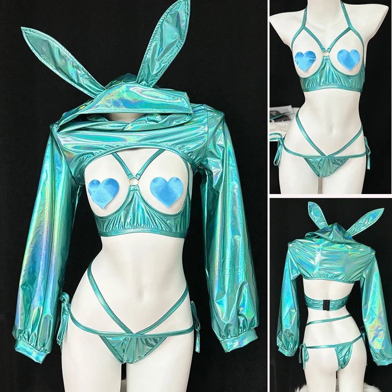 Bunny Cosplay Costume Idol Group Machine Rabbit Outfits Pink Exposed Breast Laser Lingerie Gift