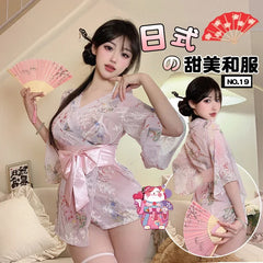 Lingerie Kimono Sweet Cute Bathrobe Cosplay Seductive Print Bow Gauze Pajamas Exotic Charm Costume 5colors