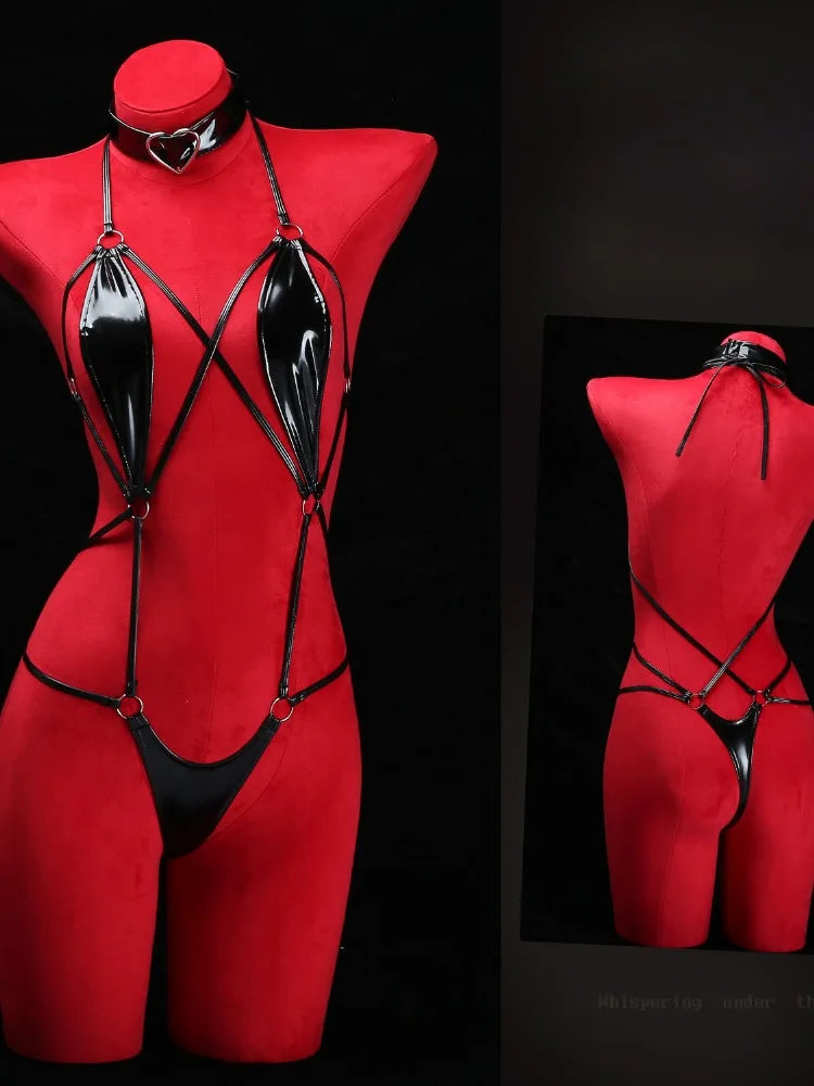 Patent Leather Harness Lingerie Heart Choker Open Back Crotch less Erotic Bodysuit Intimate Club wear
