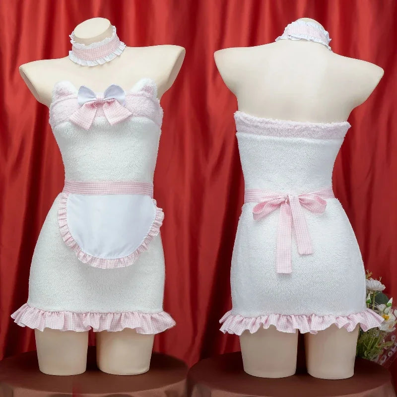 Cosplay Maid Costume Little Bear Lace Cute Apron Nightgown Plush Wrap Hip Skirt Cat Roleplay Set