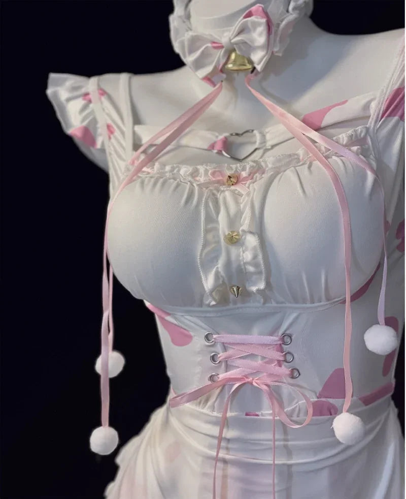 Bunny Cosplay Costumes Sweet Pink Lolita Cat Maid Halloween Cow Print Erotic Lingerie