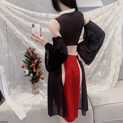 Plush Pajamas Passion Hollow Top Split Temptation Skirt Long Sleeve Set