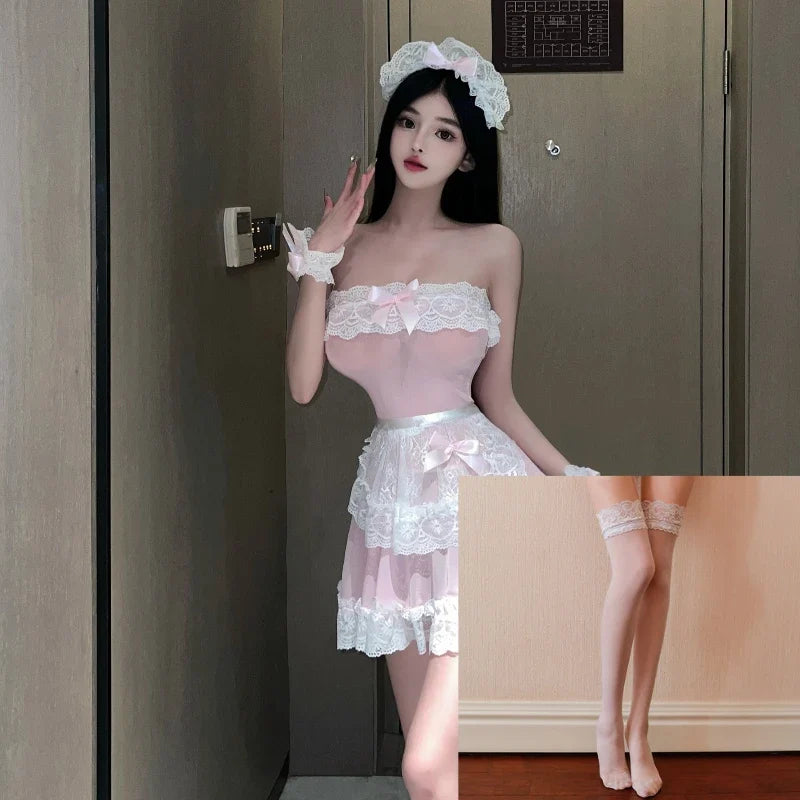 Lingerie Mesh Skirt Perspective Role-playing Maid Outfit Passionate Charm Cute Lace Apron Bow Home Pajamas