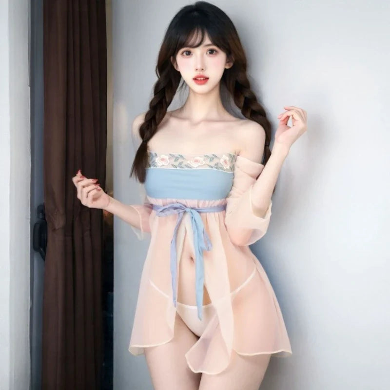 Mesh Transparent Nightgown Retro Sweet Flower Embroidery Porn Improved Hanfu Skirt Traditional NightExotic Costume