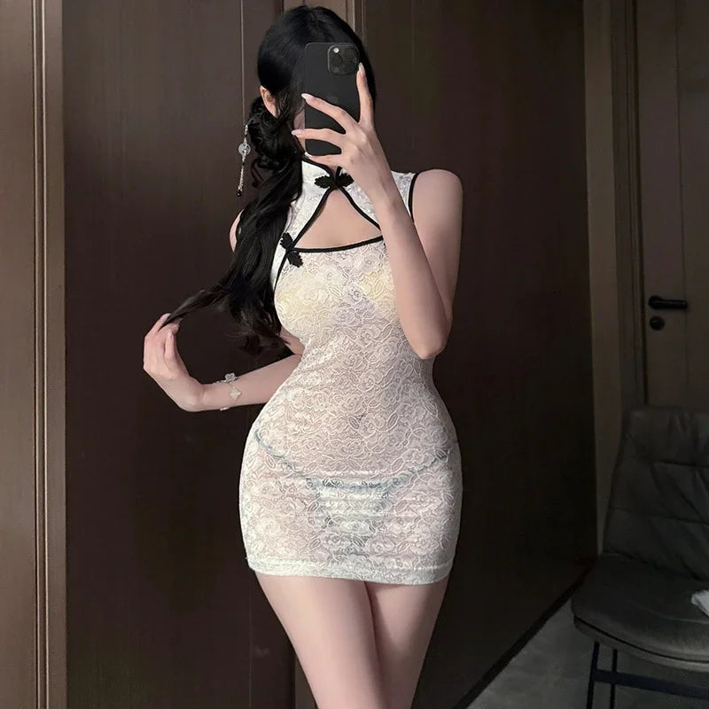 Lingerie Lace Retro Cheongsam See-through Pure Desire Bag Hip Skirt Traditional Hollow Out Costumes