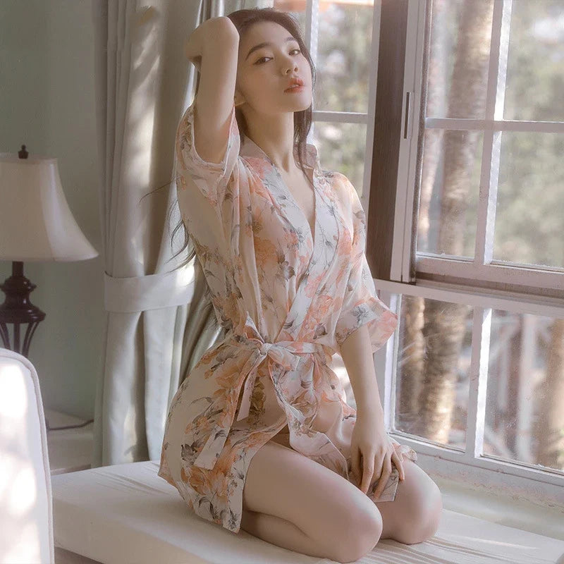 Floral Kimono Lingerie Seductive Bathrobe Passion NightSuit Charm Costumes Role Play Belt Robe
