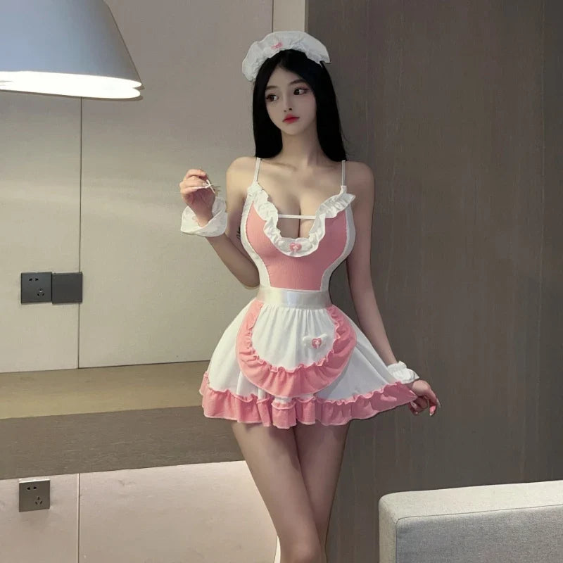 French Hot Maid Cosplay Sweet Chiffon Hollow Out Seductive Flirt Elegant Suspenders Skirt Transparent Costumes