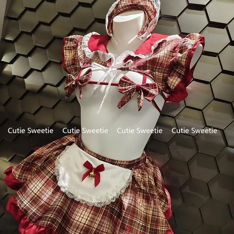 Lolita Maid Outfit Cosplay Costumes Lace Bow Bra Apron Set