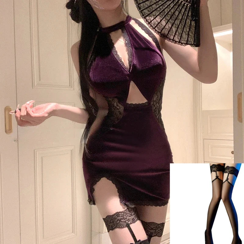 Lingerie Pure Desire Cheongsam Lace Seduction Nightclub Traditional Pajamas Set