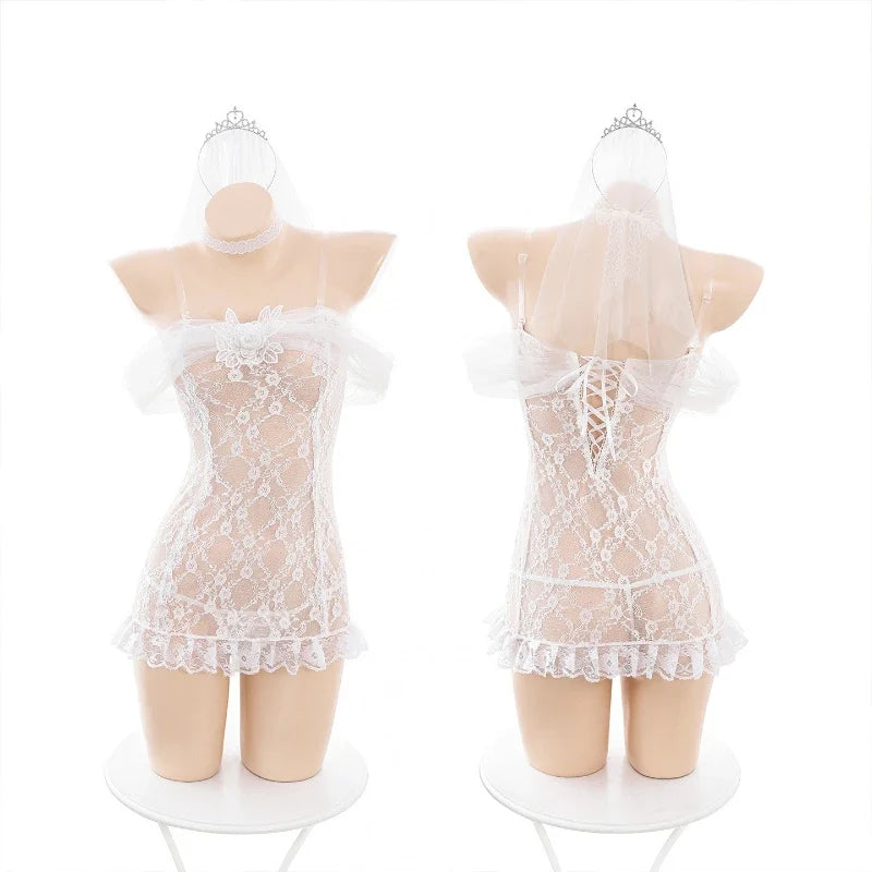 Cosplay Wedding Temptation Elegant Style Bride Role-playing Outfit Pajamas Lace Mesh Hollow Out Bandage Skirt