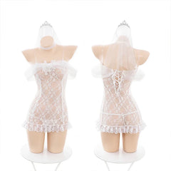 Cosplay Wedding Temptation Elegant Style Bride Role-playing Outfit Pajamas Lace Mesh Hollow Out Bandage Skirt