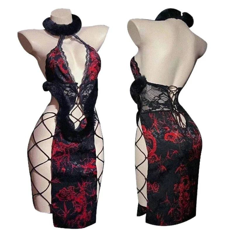 Ancient Improve Cheongsam Traditional Bandage Erotic Nightgown Exotic Charm Lace Hollow Out