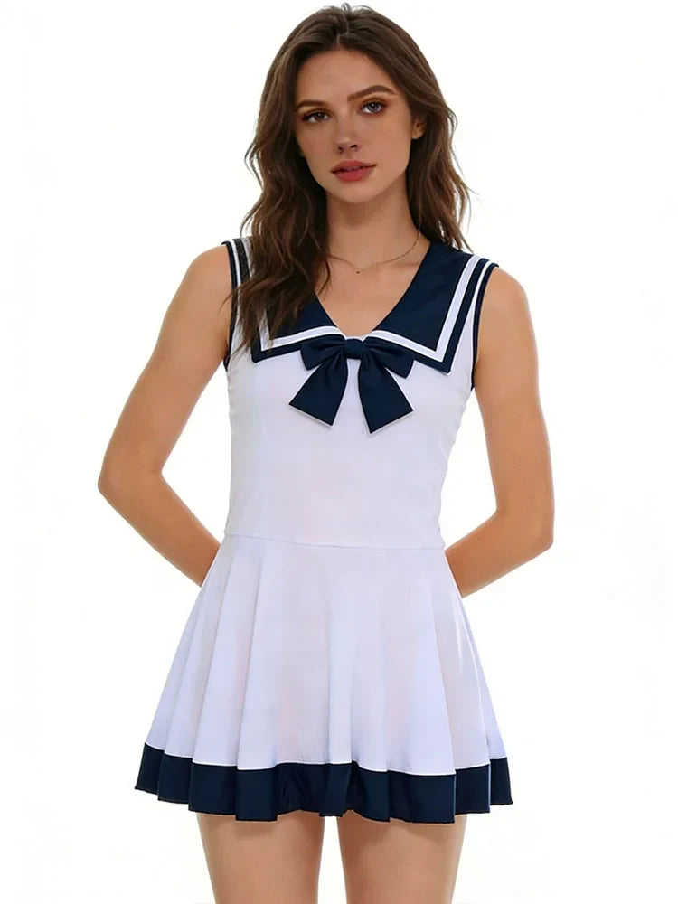 Sleeveless Sailor Mini Skirt Bow V Neck Cosplay Costume Adult SchoolRole Play Lingerie