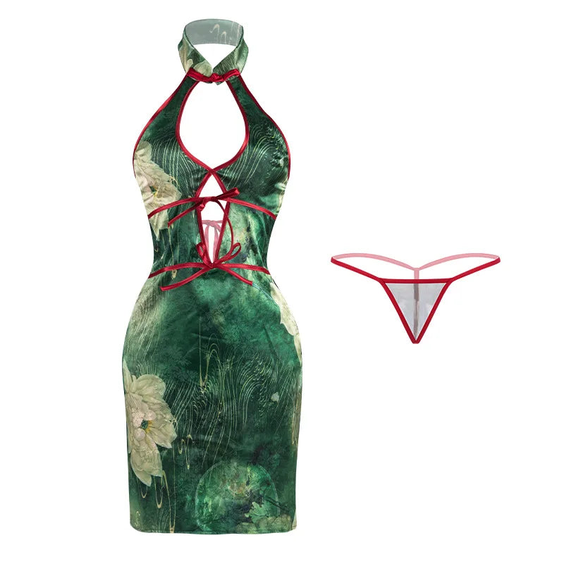 Classics Lingerie Halter Hollow Out See-through Backless Tradition Retro Improve Cheongsam Green