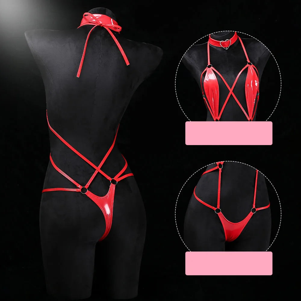 Patent Leather Harness Lingerie Heart Choker Open Back Crotch less Erotic Bodysuit Intimate Club wear