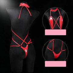Patent Leather Harness Lingerie Heart Choker Open Back Crotch less Erotic Bodysuit Intimate Club wear