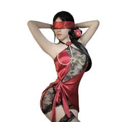 Lingerie Lace Bandage Sleepwear Flower Hanging Neck Set