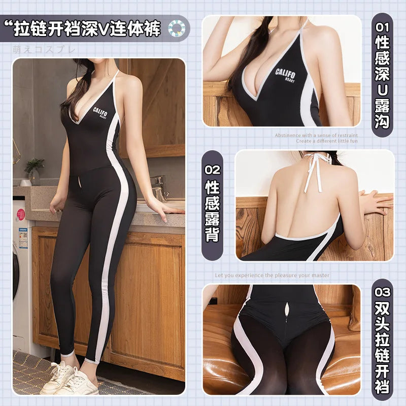 Zip Open Crotch Deep V Yoga Jumpsuit Lingerie Body Stocking Halter Porn Bodysuits Elasticity Mesh Pantyhose Cosplay Costume