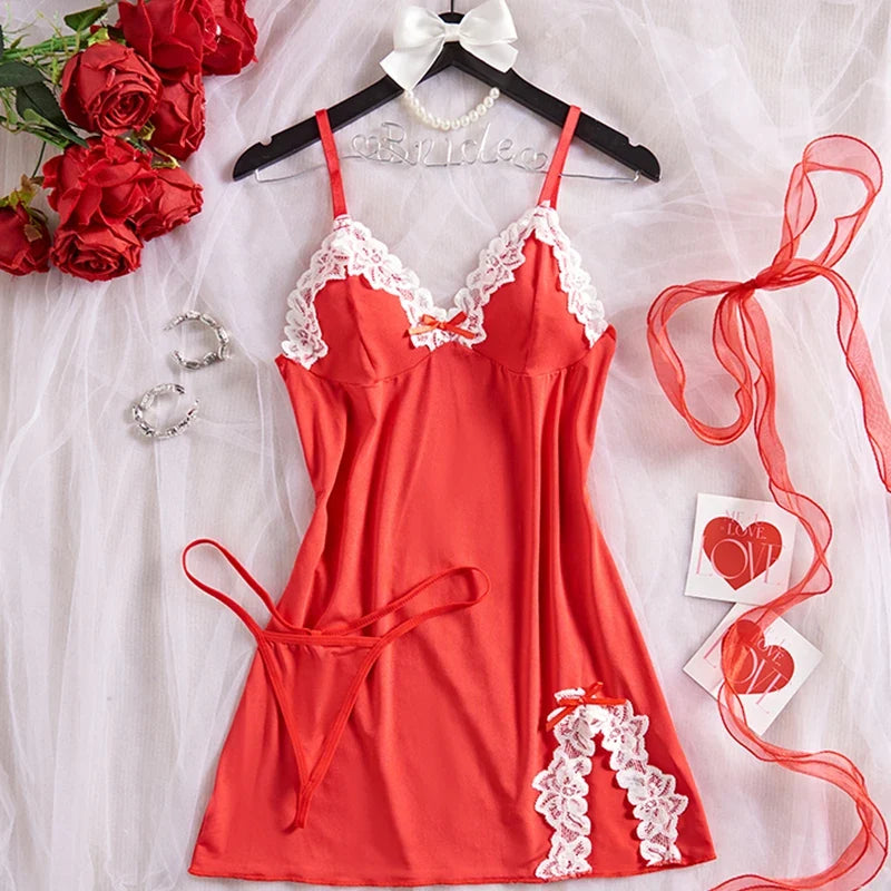 Suspender Sleeping Printed Patchwork Lace Slit NightSet Babydoll Erotic Underwear Festival Gift