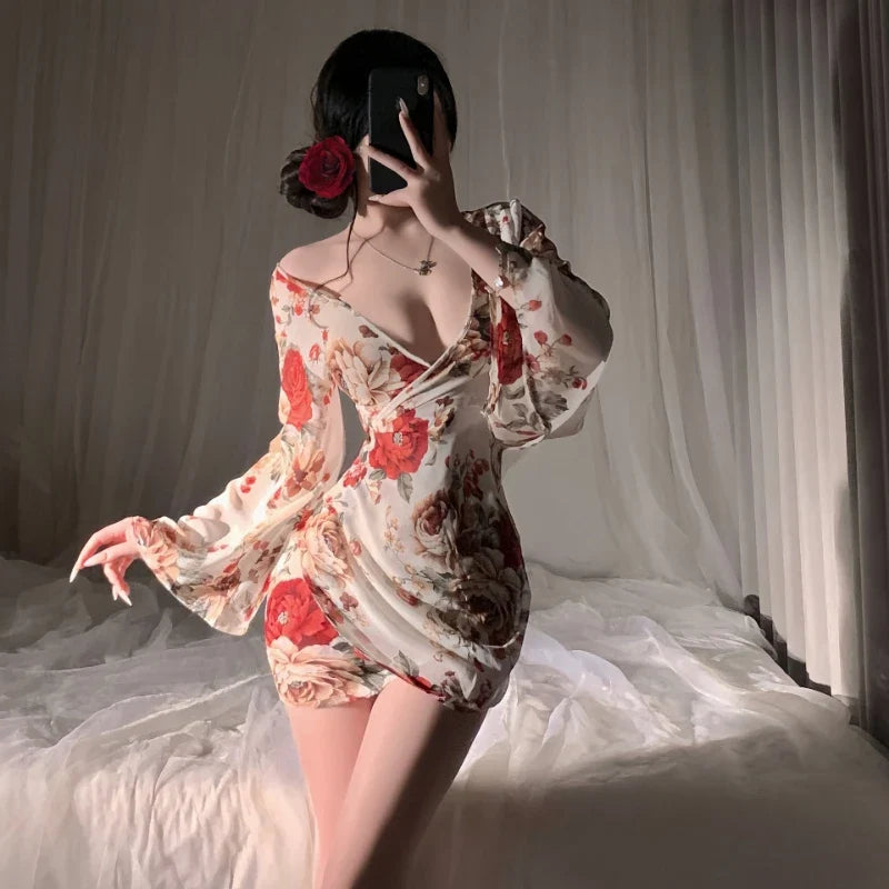 Pure Desire Printed Kimono Cosplay Sleeping Chiffon Perspective V-neck Bathrobe Long Sleeves Porno Pajamas