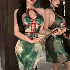 Classics Lingerie Halter Hollow Out See-through Backless Tradition Retro Improve Cheongsam Green