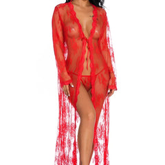 Sheer Floral Lace Robe Long Sleeve Deep V-Neck Open Front Maxi Nightgowns Sets Lingeries